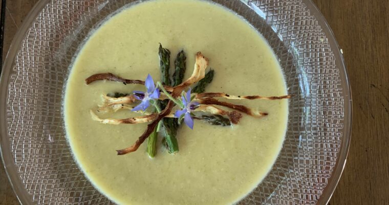 Asparagus Cream Soup with Parnsinps and Borage Flower
