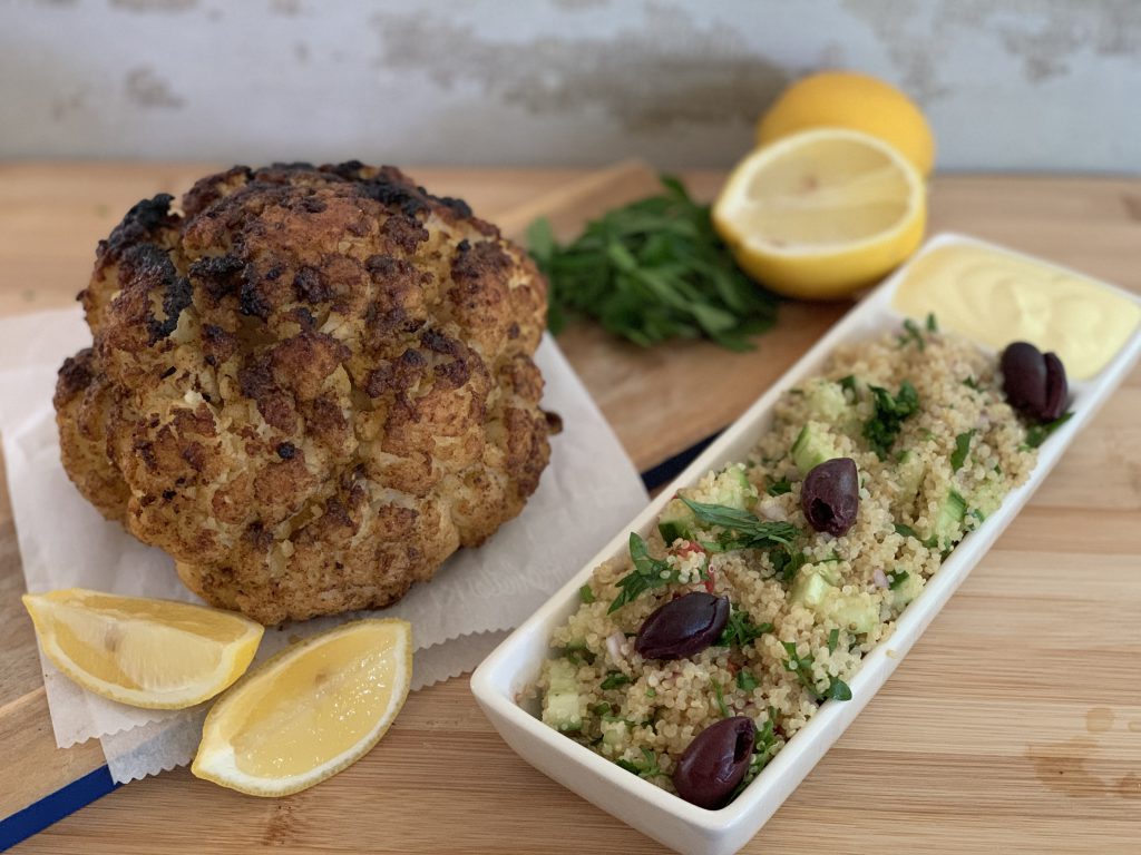 Mediterranean Roasted Cauliflower with Quinoa Tabbouleh